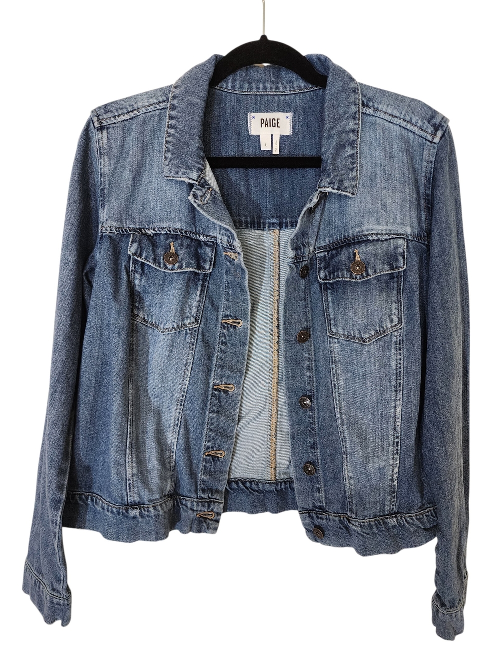 PAIGE Alamar Distressed Denim Jacket Size L Button Front Jean Jacket